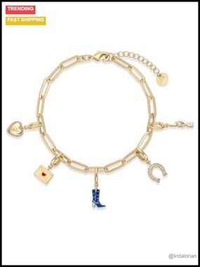 14K Gold Plated Charm Bracelet Removable Cowboy Boot Love Heart Horseshoe
